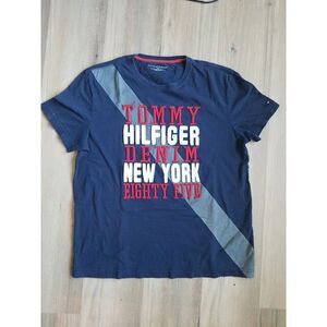 RARE Tommy Hilfiger Vintage Tee Big Logo Flag Navy Blue T-Shirt sz L Name Logo